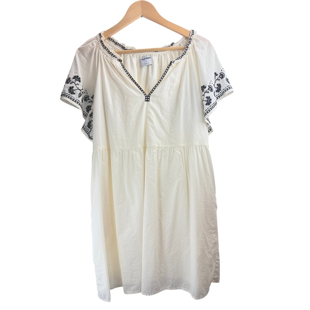 Old Navy Womens Cream Embroidered Boho Babydoll Mini Dress Black Floral Sz M - Picture 1 of 11